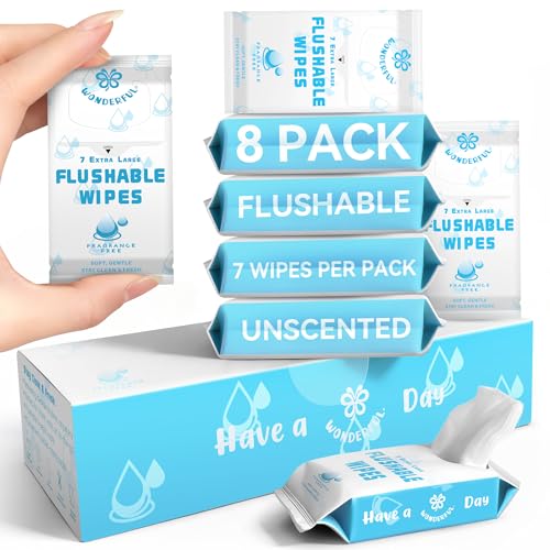 WONDERFUL Travel Flushable Wipes 8 Mini Packs Unscented Plant-Based Wet Wipes for Adults & Kids Septic Safe Gentle for Sensitive Skin & Hypoallergenic (Total 56 Wipes)