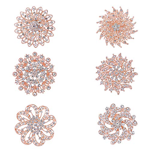 WeimanJewelry Silver/Gold Plated Lot 6pcs Crystal Rhinestones Flower Brooch Pin Set for DIY Wedding Bouquets Decoration (Rose Gold)