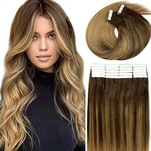 LacerHair Tape in Hair Extensions Human Hair Double Side Tape Seamless Skin Weft Ombre Reddish Dark Brown #4 Balayage Caramel Blonde #27 50 Grams 20Pcs 14 Inch