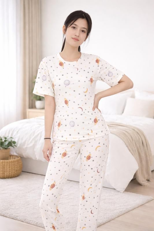 Image of Women's Pajama Set with Top & Pants|| Korean Night Wear|| Loose Fit Home Wear || Lightweight Printed Set || Soft & Comfy Girls & Women