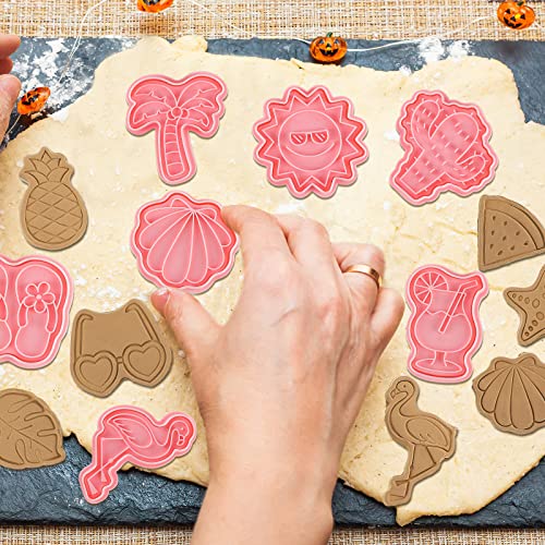 16 Pcs Summer Beach Cookie Cutters With Plunger Stamps Set Tropical Cookie Molds Beach Party Supplies Biscuit Fondant Cutters, Pineapple Flamingo Palm Tree Starfish Seashell Sunglasses Ice Cream #TOP4