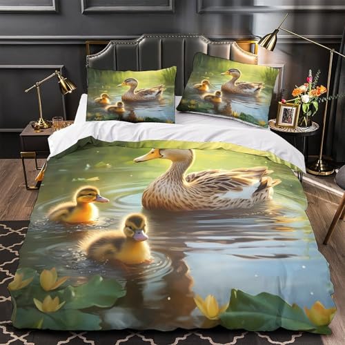 YVASPQRTW Familia de Patos 3D Impresión Edredón Funda 3pz Microfibra Cremallera Oculta Ilustración de Escena de la Naturaleza Funda de edredón 2 Fundas Resistente Chicos Niños King（220x240cm）