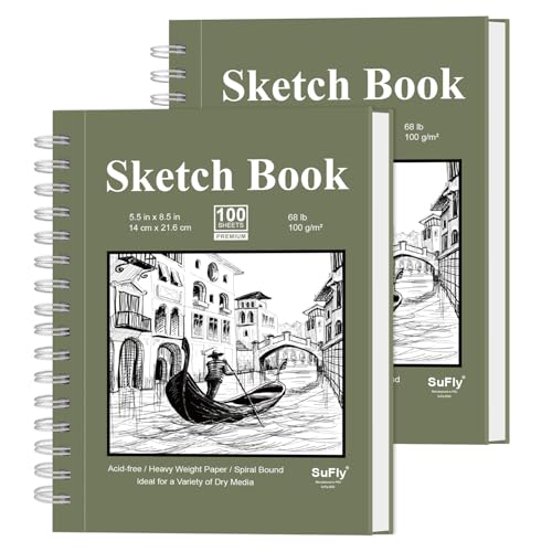 SuFly Small Sketch Book 5.5"x8.5", 2-Pack Mini Sketchbook, Spiral Bound