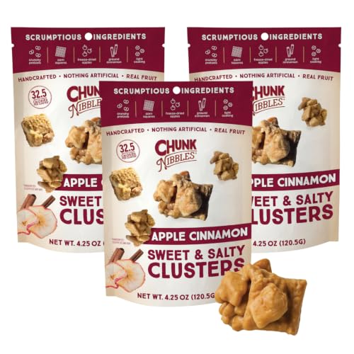 Chunk Nibbles Apple Cinnamon Snack Clusters - Award-Winning Blend with Real Apples, Pretzels &amp; Corn Squares - Cozy Fall Flavor, Handcrafted - Gourmet Treat - 4.25oz Resealable Pouch (3 Pack)