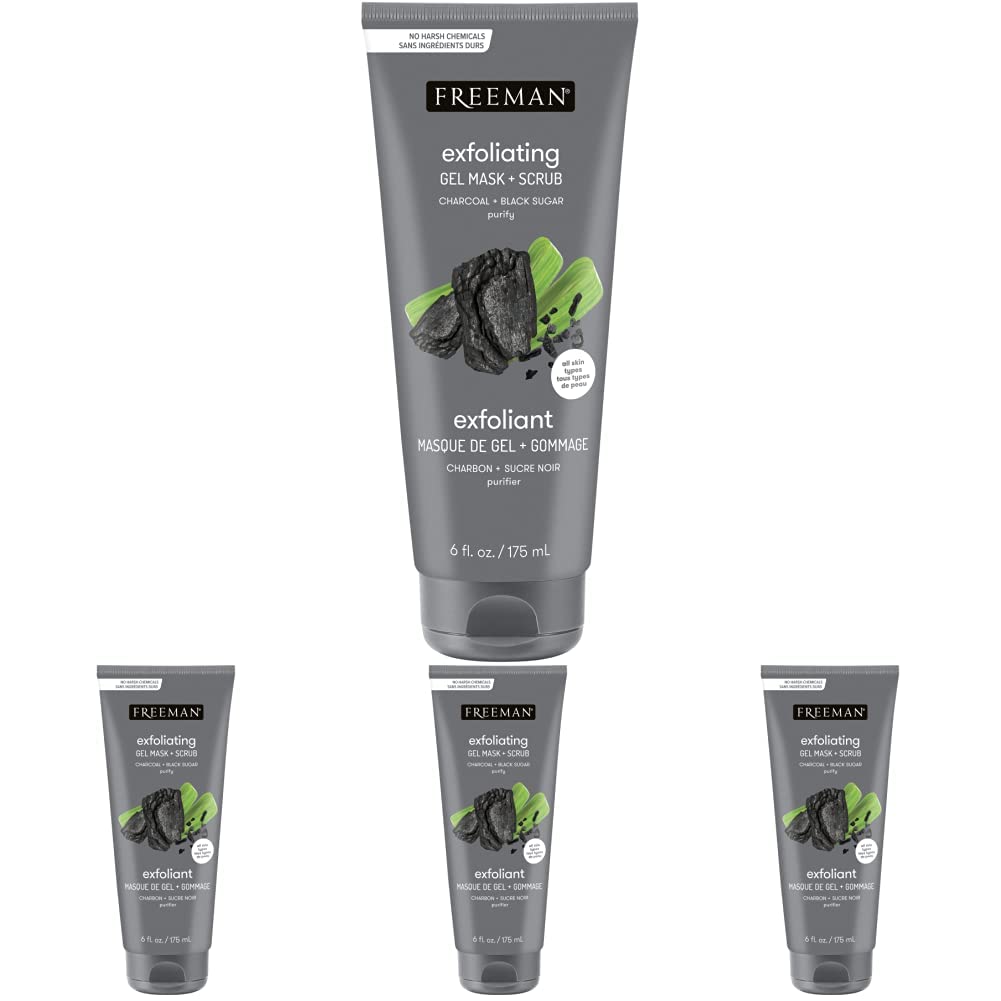 FREEMAN Polishing Charcoal Gel Facial Mask and Scrub, Oil Absorbing and Exfoliating Beauty Face Mask with Black Sugar, 6 oz (Pack of 4) : Beauty & Personal Care
