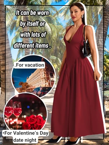 Image of ChiaoLezhee Deep V Neck Dress, Halter Maxi Dresses, Vacation Date Night, Sexy for Women Corset Flowy Wedding Guest Drop Waist