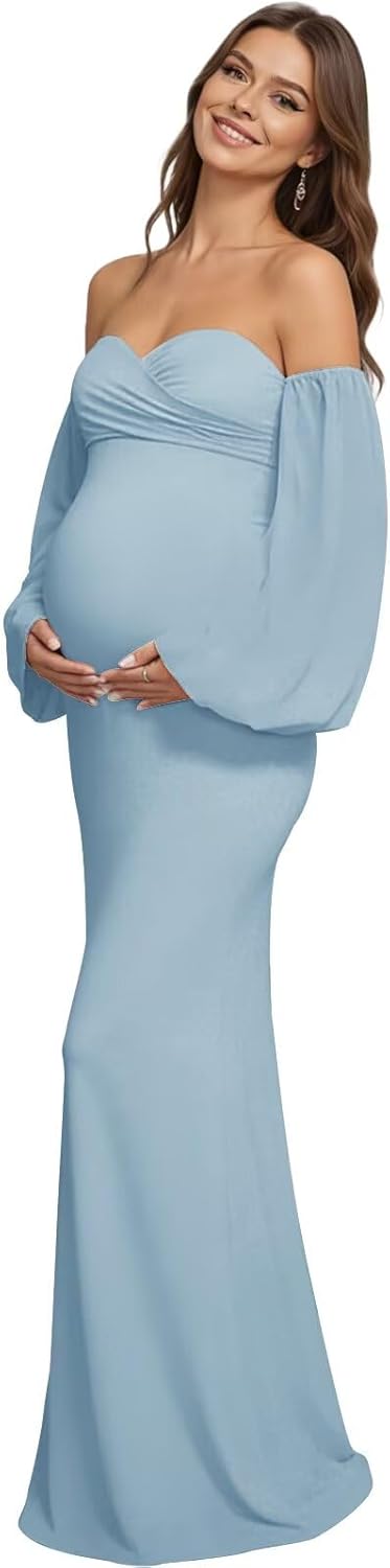 Off The Shoulder Maternity Dress for Photoshoot Bodycon Long Sleeves Maxi Pregnancy Baby Shower Dress 2026