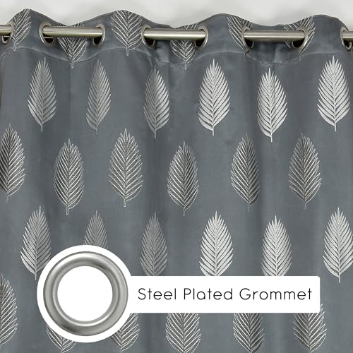 Image of FRESH FROM LOOM Premium Anti-Wrinkle Curtains | 5 Feet | 80% Sun Block | Elegant Jacquard Fabric for Doors & Windows, Luxury Curtain (5ft, Grey Leaf, 2pc Set)