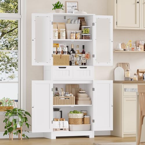 HOCSOK Mueble Columna de Baño, Mueble Auxiliar de Almacenaje con 4 Puertas y 2 Cajones, Armario de Madera de Suelo para Entrada, Salón y Cocina, 60 x 30 x 170cm, Blanco