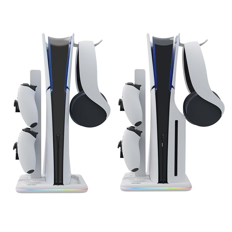 Generico Supporto verticale console per PS5 Slim, dock di raffreddamento con luce ambientale RGB Gamepad Caricatore a doppia docking con gancio per cuffie per PS5 Slim Host
