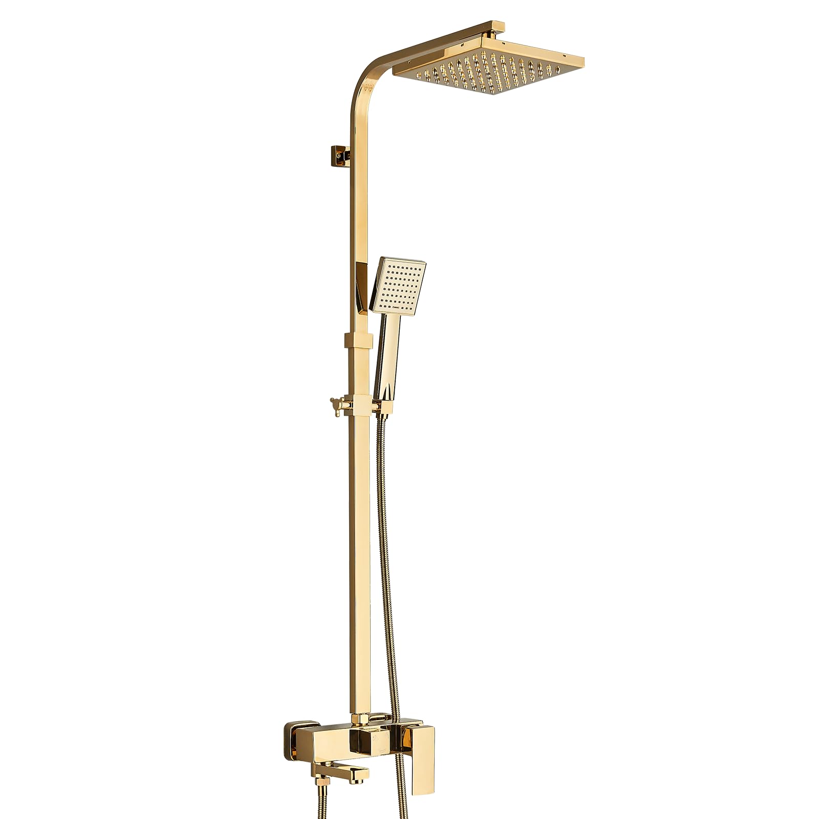 Ensemble de douche avec système de rangement à 3 fonctions - douche à effet pluie, douchette et mélangeur - doré