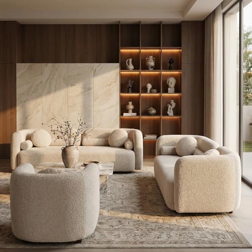 Image of 4PCS Sofa Set for Living Room, Boucle Sofa Set with 2 Loveseat Sofas and 2 Accent Chair, Minimalist Couch Set, 6 Seater Living Room Furniture Sets for Apartment Home Office (Beige)