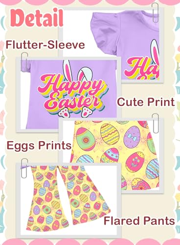 Image of Happy Easter Outfit for Toddler Girl - Cute Bunny Top Flutter Sleeve Shirts Colorful Rabbit Flare Pants Clothes Set