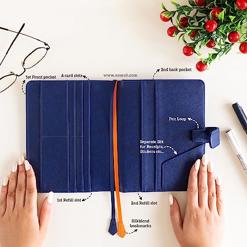 Image of NEORAH - B6 Notebook SLEEVE with SNAP Button - [ SLEEVE ONLY ]|Vegan Leather|Office Diary Holder with Penloop| 2 Front & 1 Back Pocket |6 Card Slots |2 BookMarks - Fits any B6 Softcover - DARK BLUE