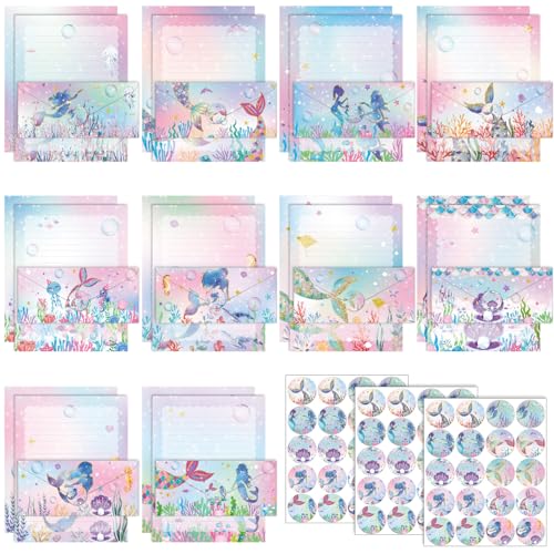 Image of TaoBary 160 Pcs Stationery Paper Set 50 Double Sided Stationery Papers with 50 Matching Envelopes and 60 Round Dot Sticker, 10 Design(Mermaid,8.5 x 11 Inch)