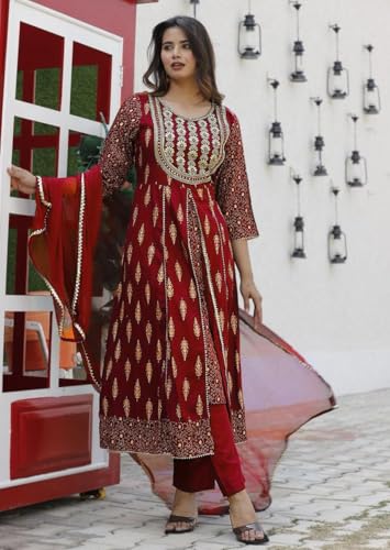 Image of Rayon Nayra Cut Embroidered Kurti Pant Set with Dupatta|Elegant Ethnic Wear for Party and Festive Occasions
