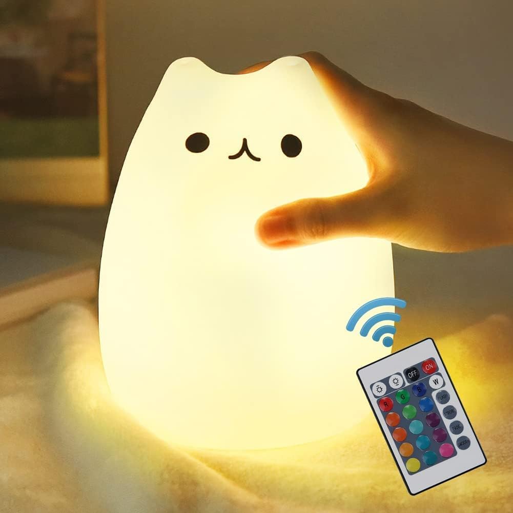 NeoJoy (White) - Cat Lamp, Remote Control Silicone Kitty Night Light for Kids Toddler Baby Girls Rechargeable Cute Kawaii Nightlight