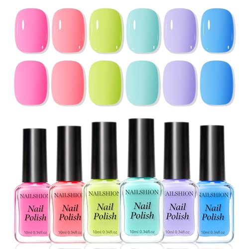 Nailshion Rainbow Nail Polish Set 6 Colors Pink Coral Mint Sky Blue Lavender Azure Pastel Nail Polishes, Quick Dry, Non Gel, Opaque, Rich in Castor Oil, Nail Art DIY at Home Manicure Women Gift