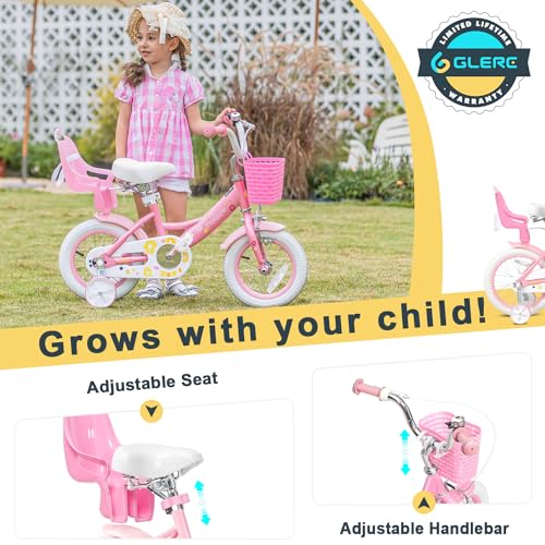 Miniatura 4 de Glerc Maggie 16 Pulgadas Niñas Bicicleta Edad 4 5 6 7 8 Años De Edad Niños Bicicleta Estilo Princesa Con Asiento De La Muñeca Cesta Pata De Cabra Campana Para Cumpleaños, Rosa Y Blanco