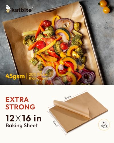 Image of Katbite 75Pcs Unbleached Parchment Paper Sheets 12x16IN, Pre-Cut Heavy Duty Parchment Baking Paper, Non-Stick Half Sheet Brown Baking Parchment Paper for Air Fryer, Baking Cookie [Extra Strong Series]