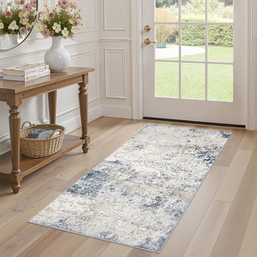 DMOYEST Rugs Living Room Washable: Area Rugs for Kitchen Entryway Bedroom Small Abstract Neutral Modern Rug Soft Non Slip Low Pile 80x150 - Beige Blue
