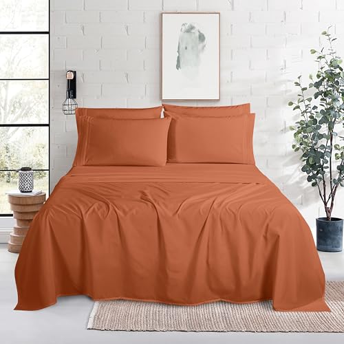 Image of Mocassi Luxury 6-Piece Sheet Set, Ultra Soft 1800 Premium Hotel Quality Microfiber Sheet Set, Fits Mattresses Up to 18 to 24 Inches Extra Deep Pocket - Breathable and Secure Fit, Cal King, Coral