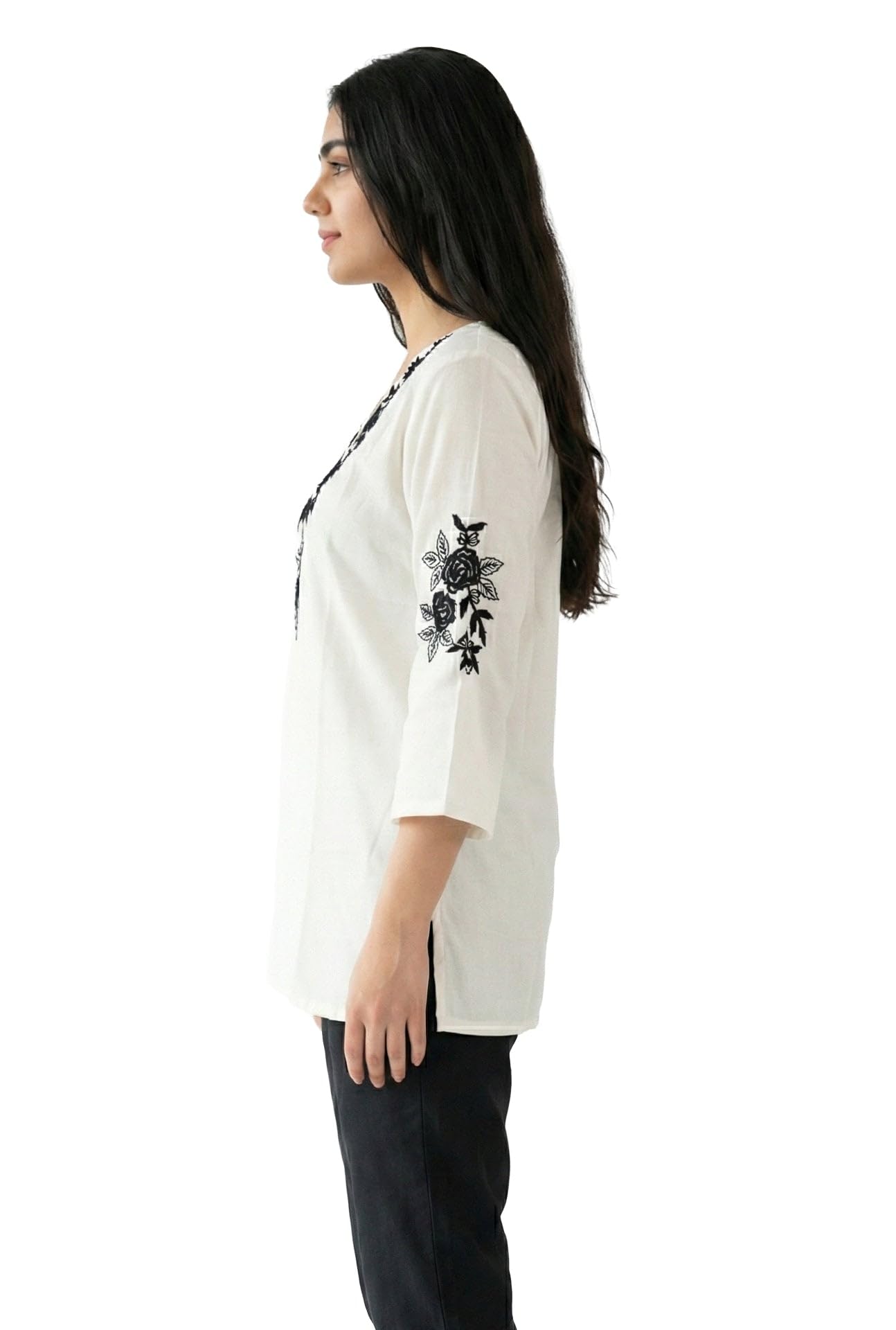 Ladyline Top a tunica da donna con ricamo boho, in rayon di alta qualità, con maniche a 3/4, lunghezza ai fianchi, copricostume da spiaggia