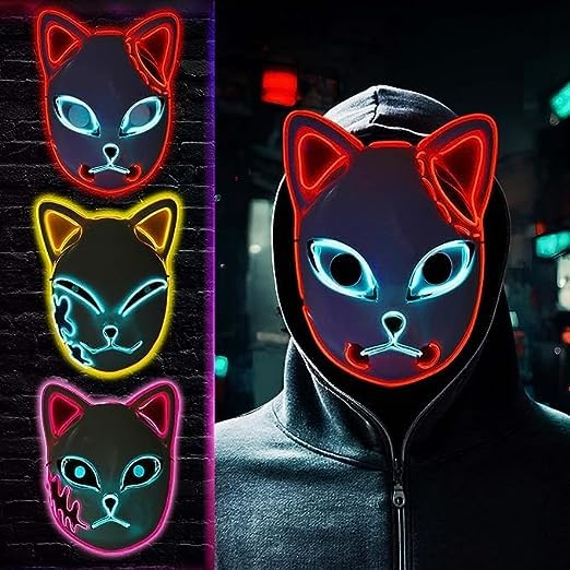 Varuotu Demon Fox Mask LED 3Pcs Fox Anime Glowing Masks Halloween Costume Cosplay Masquerade Props