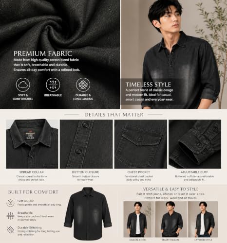 DESIGNALLY Men's Washed Denim Shirt, Dark Grey - Image 6