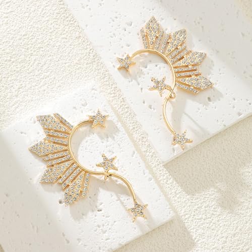 Gold Rhinestone ELf Cuffs Star Statement Earrings for Women4