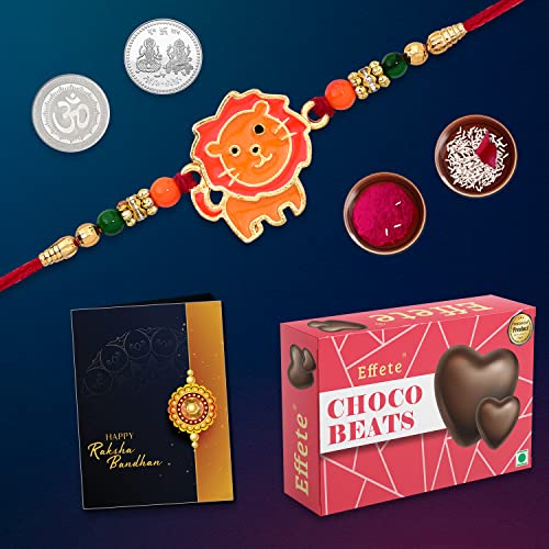 Image of DeoDap Multicolor Lion Roli Chawal Rakhi Bracelets with Chocolate Beats 32gm, Silver Pooja Coin, Tilak Set, Greeting Card - Rakhi Gift for Brother