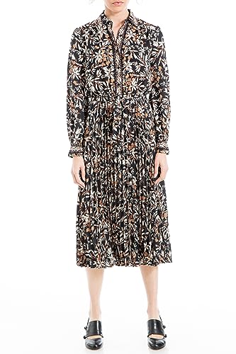 Max Studio Women's Long Sleeve Collared Pleated Dress, Black