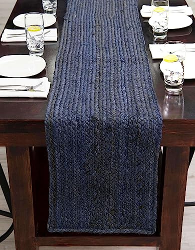 Image of Unique Loom Braided Jute Collection Area Rug - Dhaka (1' 2 inch x 8' Table Runner, Navy Blue)