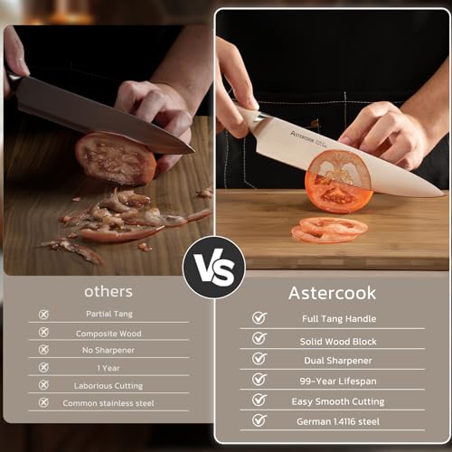 Image of Astercook Knife Set Kitchen with Block and Sharpener Premium Full Tang 17 Pcs German Stainless Steel Knives Dishwasher Safe Kitchen Utensils Set with with and Anti-slip Ergonomic Handle, Cream White