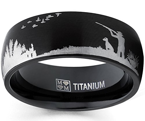 Men's Black Titanium Ring Wedding Band with Laser Etched Bird Duck Hunting Outdoor Ring,...