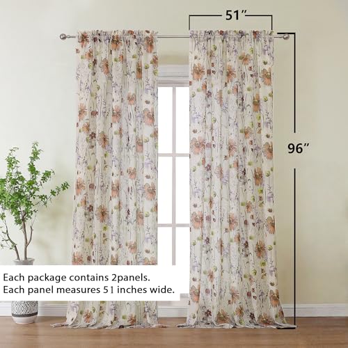 Image of OWENIE Crushed Sheer Curtains 96 Inches Long 2 Panels Set, Sheer Floral Curtains Printed Drapes on Sheers for Living Room Bedroom, Rod Pocket Light Filtering Window Sheers (2 Panels, 51 inch x 96 inch)