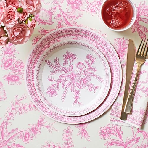 Image of Coterie Pink Toile Paper Tablecloth | Rectangle Tablecloth /Table Cover for Bridal and Baby Shower, Tea Party, Garden Party, Birthday | 8.5' by 4.5' Table Cloth Rectangle Table