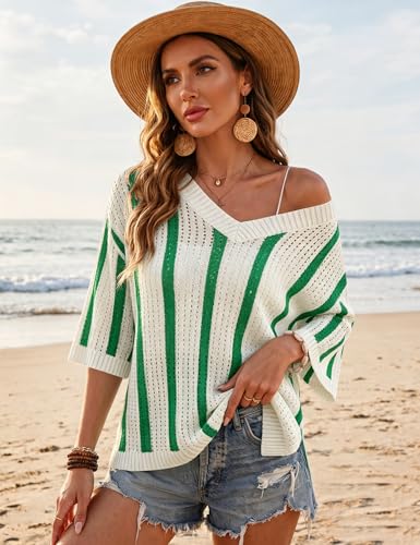 Image of Rapbin Women's Crochet V Neck Beach Cover Up 3 /4 Sleeve Hollow Out Knitted Pullover Sweater