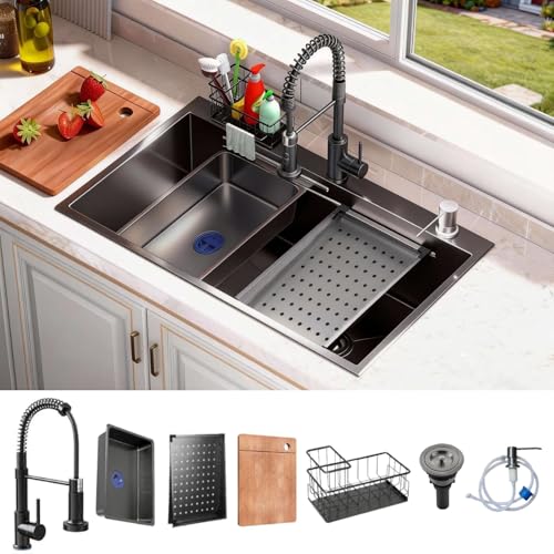 Black Drop-in Kitchen Sink: 30in Workstation Deep Single Bowl& Accessories