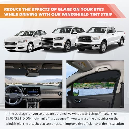 Image of 59.06x5.91 Car Windshield Tint Strip Kit,5% VLT Car Window Tint Film for Glare Reduction with Scraper & Knife,Cuttable Window Tints Cars Accessories for Windshield Tints (1PC)