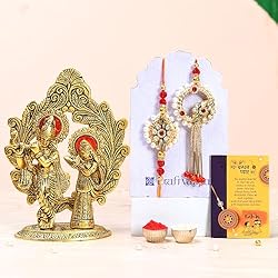 Collectible India Rakhis for Bhai Bhabhi Brother with Gifts – Rakhi for Brother Gift Combo – Radha Krihsna Idol Murti Showpiece Home Decoration Item (M1- Family Combo)