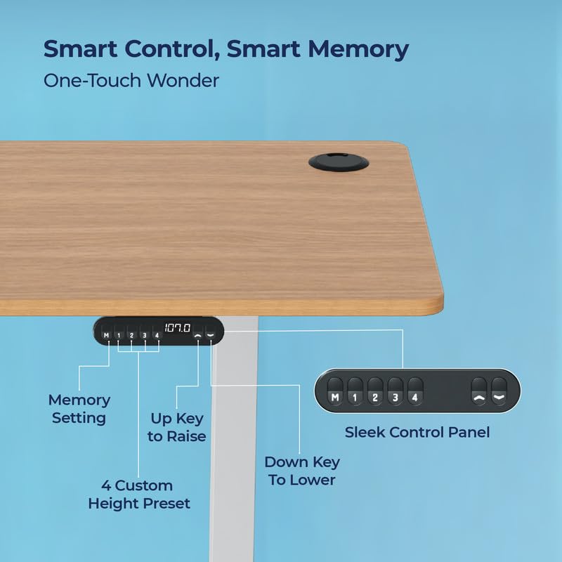 Image of The Sleep Company - AeroPlus Electric Height Adjustable Desk | Ergonomic Work from Home Table | 4 Memory Presets | 2 Years Warranty | 1600 x 700 Thick Top | Free Installation | Oak & White