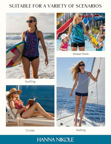 Hanna Nikole Tankini Oberteil Damen Einzeln,Bescheidenes Tanktop Ohne Unterteil,Bauchweg Badeanzug Top Nur,Sport- Badeoberteil für Damen Blaue Linie 2XL