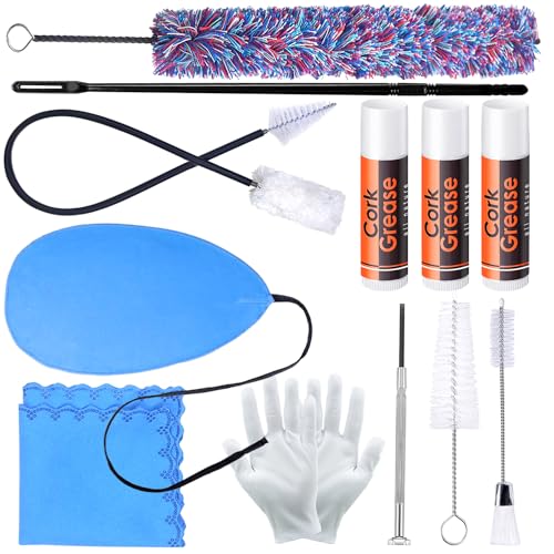 Flute Cleaning kit with 3 Cork Grease, Multifunctional Different Brushes, Sax Cleaning Cloth, Clarinet Swab and Cleaning Rod, Cotton Gloves and More Flute Maintenance Care Set