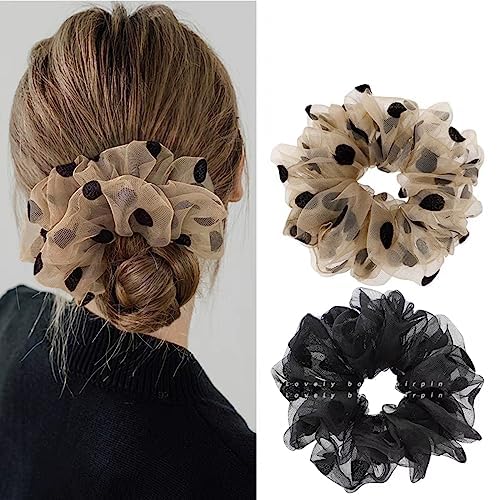 Melodio 2Pcs Women’s Black Polka Dot Hair Ties Large Ponytail Holder for Women Girls French Hair Accessories