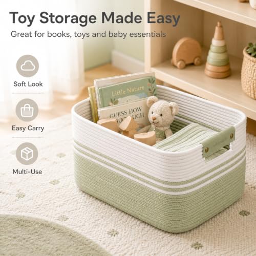 Image of 19.2GAL Sturdy Large Laundry Basket with Handles for Bathroom, Dorm Dirty Clothes, Portable Aesthetic Boho Cute Woven Storage Blanket Baskets for Living Room Decor Girls Boys Pets Toys White Green