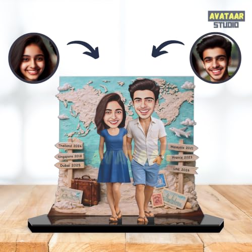 Image of Wood Rectangular Personalized Caricature Gift for Couple, 7 Inches, Tabletop Multicolor, Art Deco Style (COUPLE 16)
