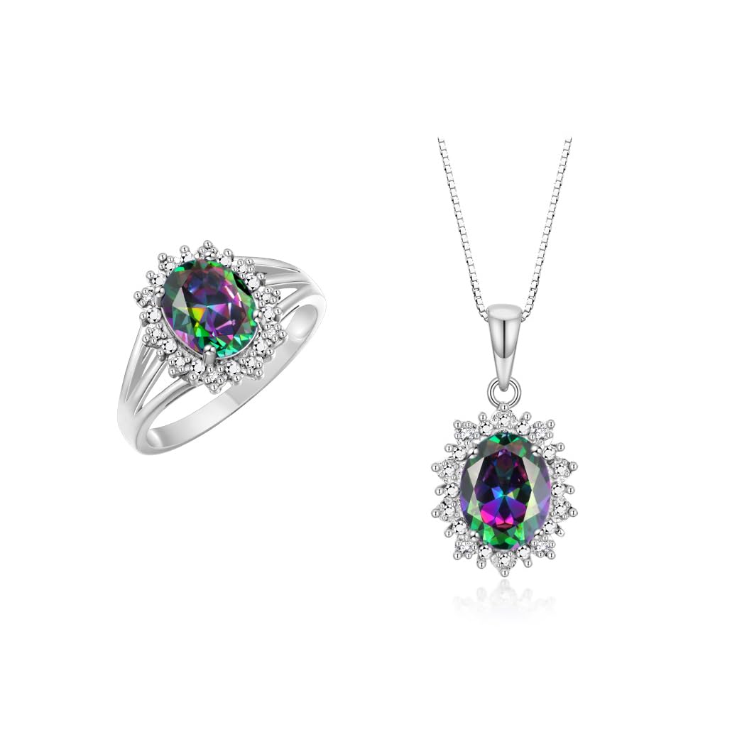 Rylos Women's Sterling Silver Princess Diana Ring &amp; Pendant Set. Gemstone &amp; Diamonds, 9X7MM Birthstone. Matching Friendship Jewelry, Sizes 5-10.