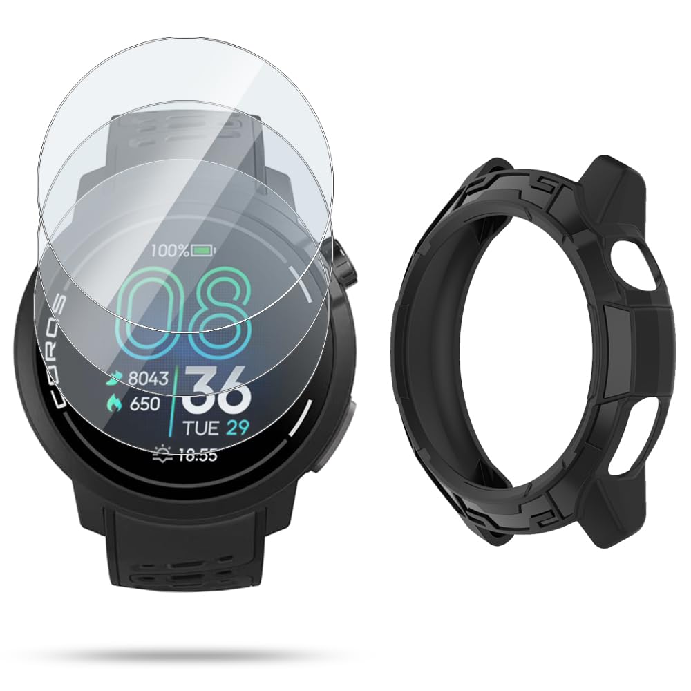 Watch Screen Protector Compatible for Coros Pace Pro, Tempered Glass Film Anti Scratch High Definition Full Coverage and Soft TPU Protective Case