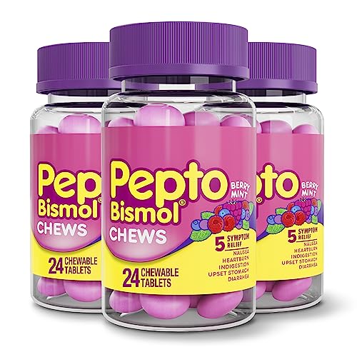 Pepto Bismol Chews Fast and Effective Digestive Relief from Nausea Heartburn Indigestion Upset Stomach Diarrhea Berry Mint Flavor 72 Total (3 Packs of 24)